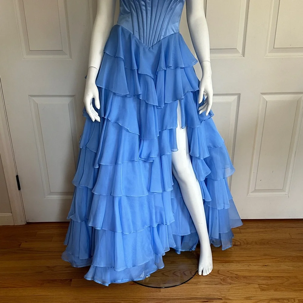 Sherri Hill Blue Ruffled Strapless Evening Gown Prom Dress worn once - Picture 7 of 10
